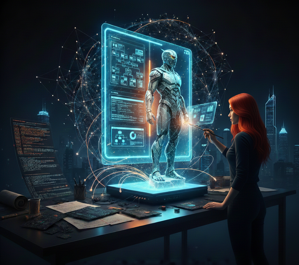 AI ve Low-Code ile Ürün Yönetimi Dijital Sanat Konsepti